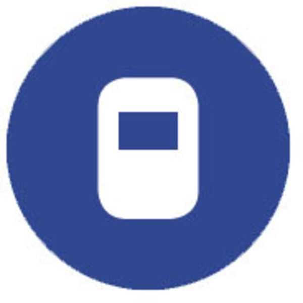 Ein blaues Schild mit einem weißen Symbol, das einen Gesichtsschutzhelm darstellt, als Hinweis auf das Tragen von Schutz bei der Arbeit.